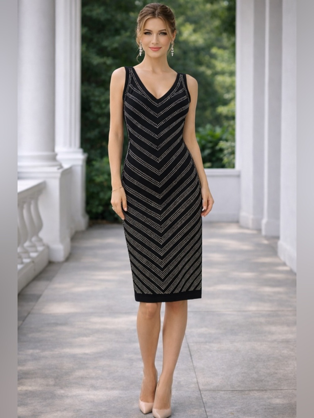 Carmen Marc Valvo Black V-Neck Stud Chevron Midi Dress Size S